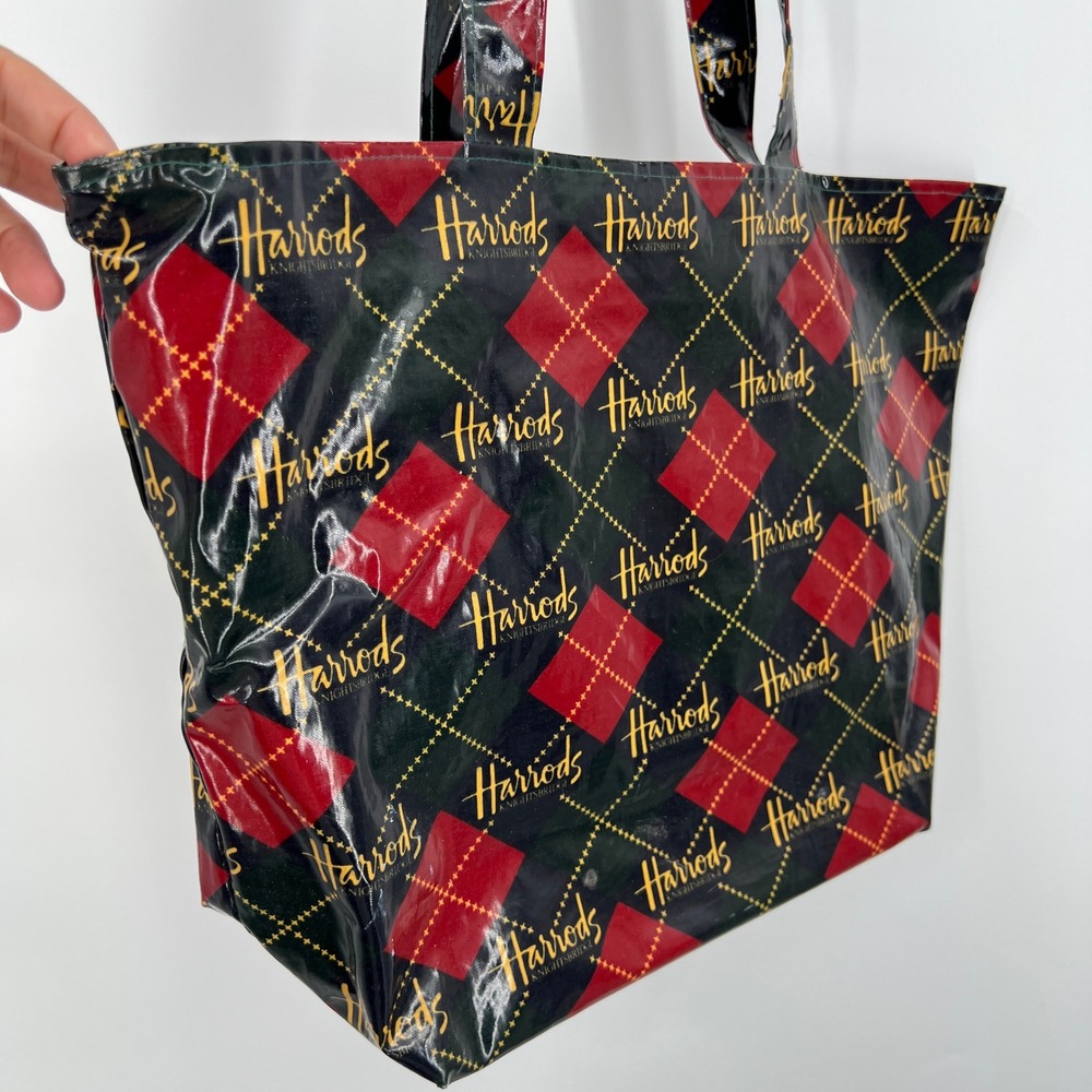 Two Vintage Harrods Knightsbridge London Coated Canvas Tote Bags Argyle Plaid View 5